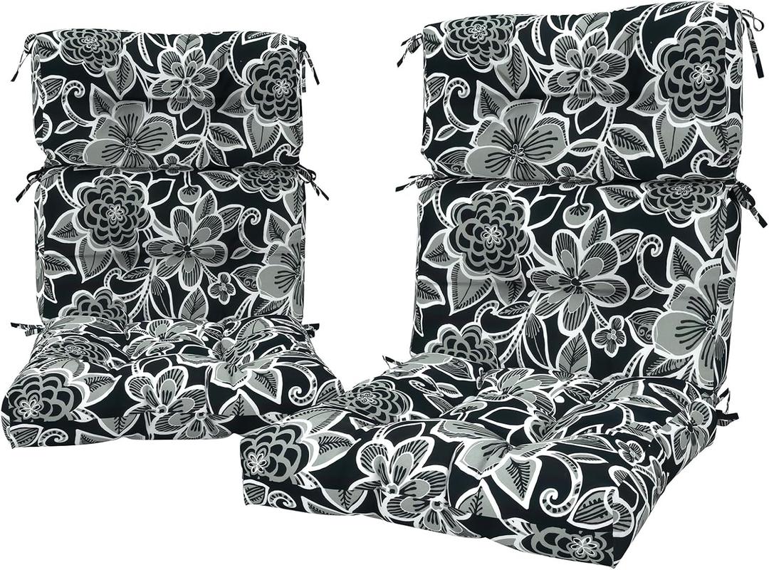 LVTXIII 2 Pack Outdoor High Back Cushions, 22" W x 20" D Tufted Seat and Back Chair Cushion with Ties, Fluffy Patio Replacement Rocking Chair Cushion for Outdoor Furniture Use, Flower Black