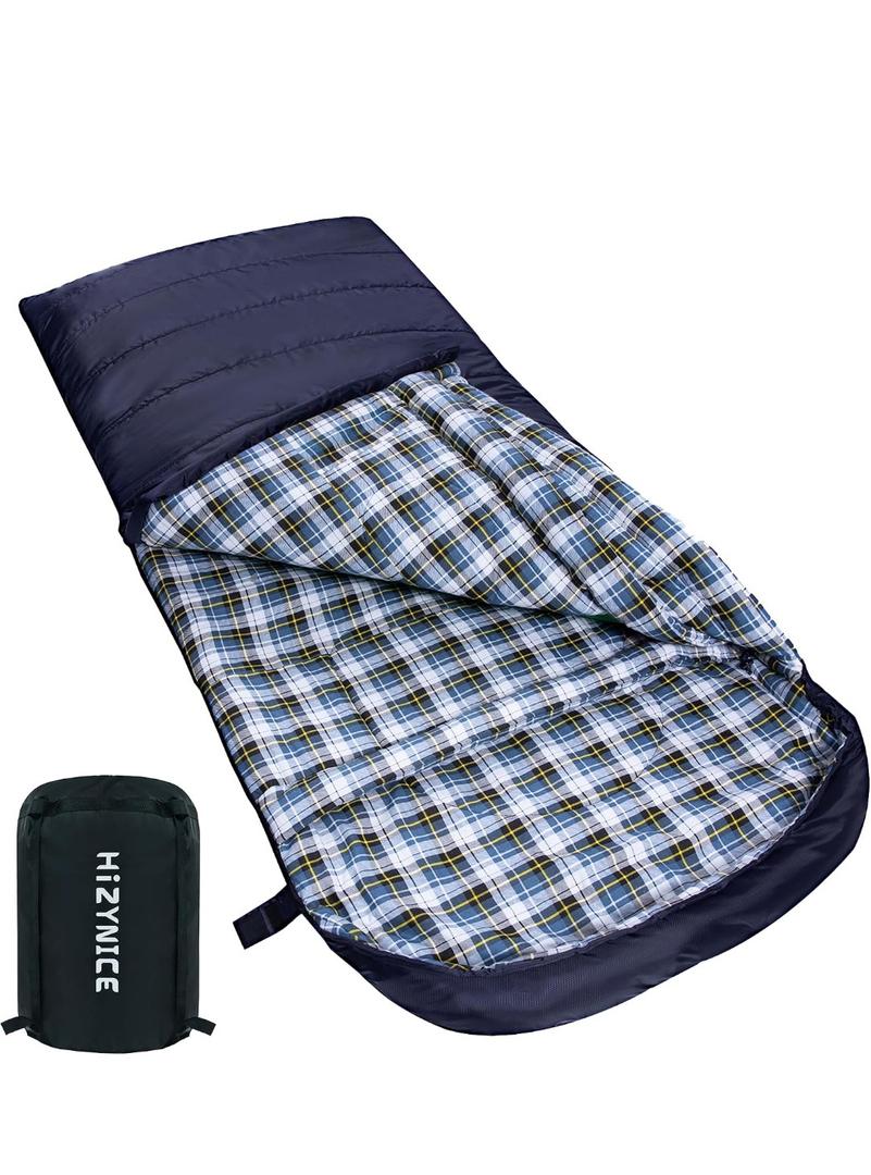 HiZYNICE Sleeping Bags for Adults XXL Cold Weather, 100% Cotton Flannel Winter Camping Large 90 x 39 in,Compression Sack Included, Navy Blue, 0F Right Zip
