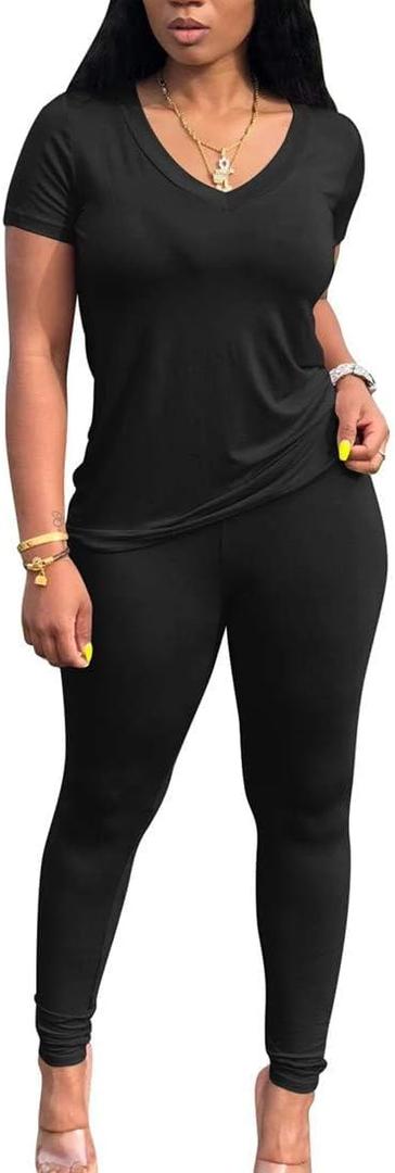Lounge Sets for Women 2 Piece Summer Casual Jogger Workout Outfits Short Tops Long Pant Sweat suit leggings set (X-Large, Black)