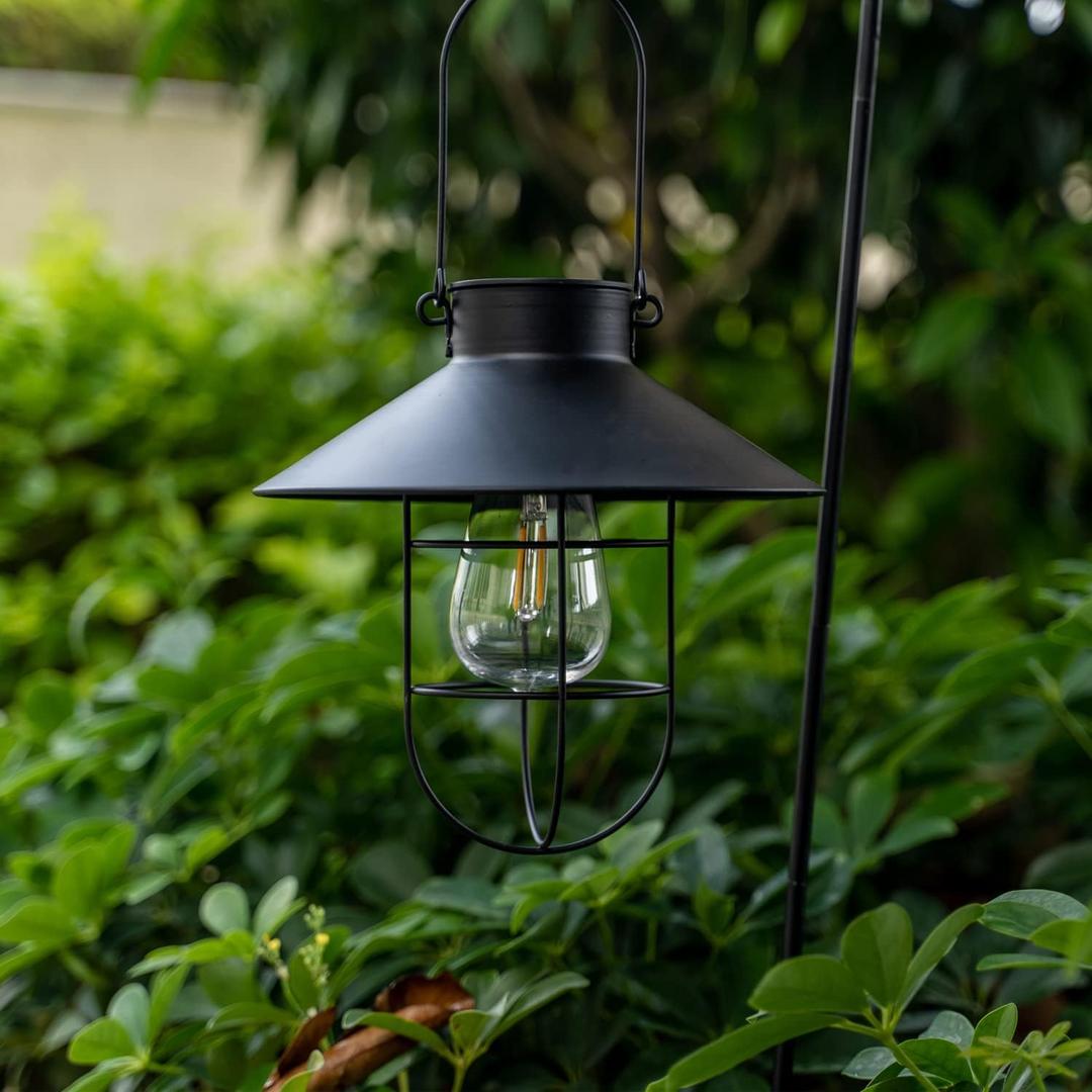 HUYIENO 2Pack Solar Metal Hanging Lantern with Shepherd Hook Outdoor Led Garden Lights Black