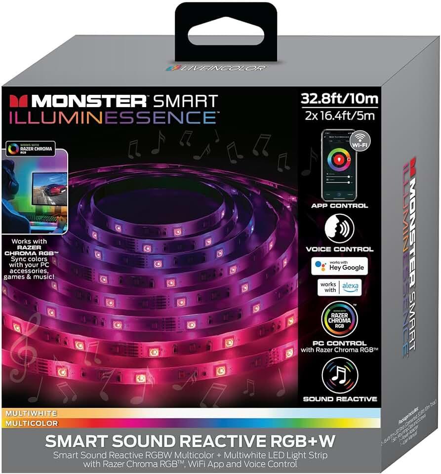 Monster 32.8ft Sound Reactive RGB+W Light Strip, Smart Multi-Color + Multiwhite, Indoor Use, App & Voice Control, Xtreme Easy Assembly