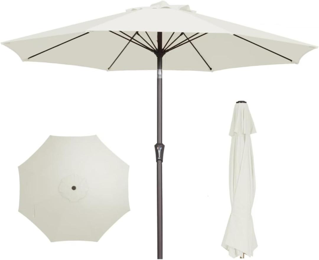 PatioKingdom 9FT Patio Outdoor Umbrella-UPF 50+ Sun Shade with Wind Vent, Push-Button Tilt & Smooth Crank Lift, Rust-Resistant Fiberglass Frame for Garden, Backyard,Yard (Creamy-white)