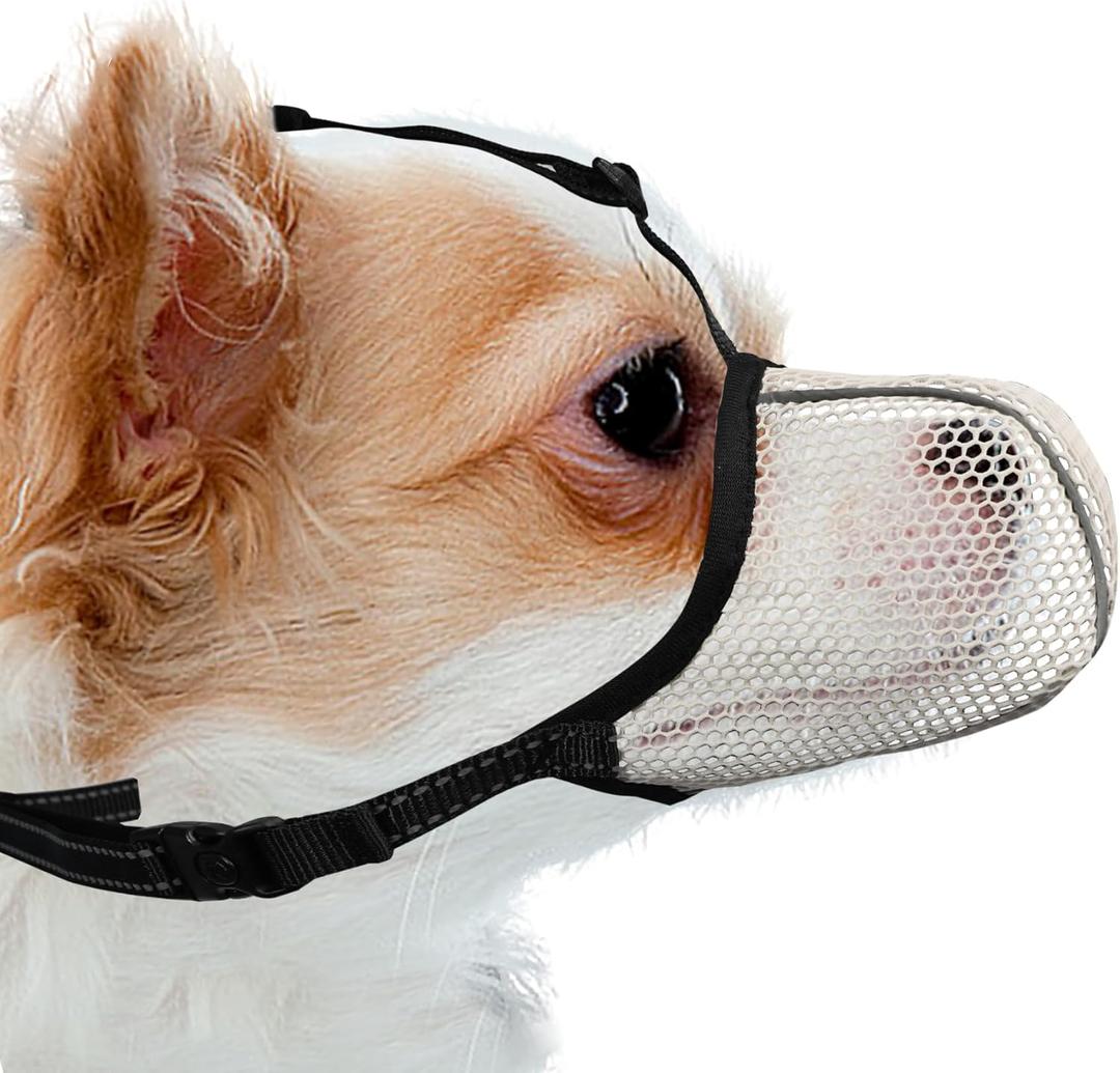 Dog Muzzle, Breathable Soft for Extra Small Dogs to Anti & Prevent Barking Biting Chewing, Reflective & Adjustable Basket Muzzle with Air Mesh for Dachshund Beige XS