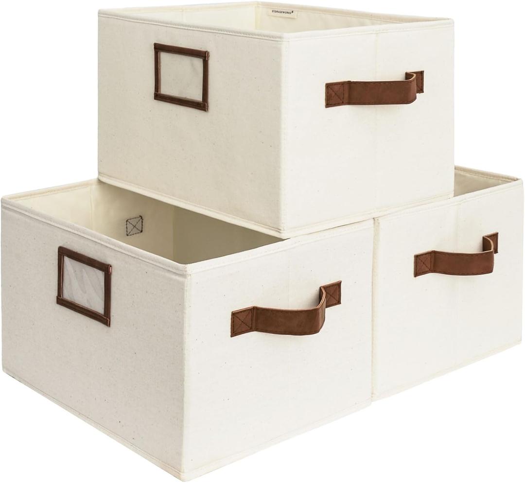 StorageWorks Storage Baskets for Shelves, Foldable Fabric Closet Storage Bins with PU Handles, Fabric Storage Bins Clothes Organizer, Ivory White, 3-Pack, Medium (14 " L x 10 " W x 8" H)