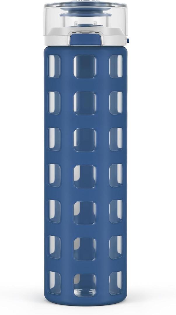 Ello Syndicate 20oz Reusable Glass Water Bottle with One-Touch Leak Proof Flip Lid and Protective Non-Slip Silicone Sleeve and Carry Loop for Coffee, Tea and Water, BPA-free Dishwasher Safe, Bold Blue