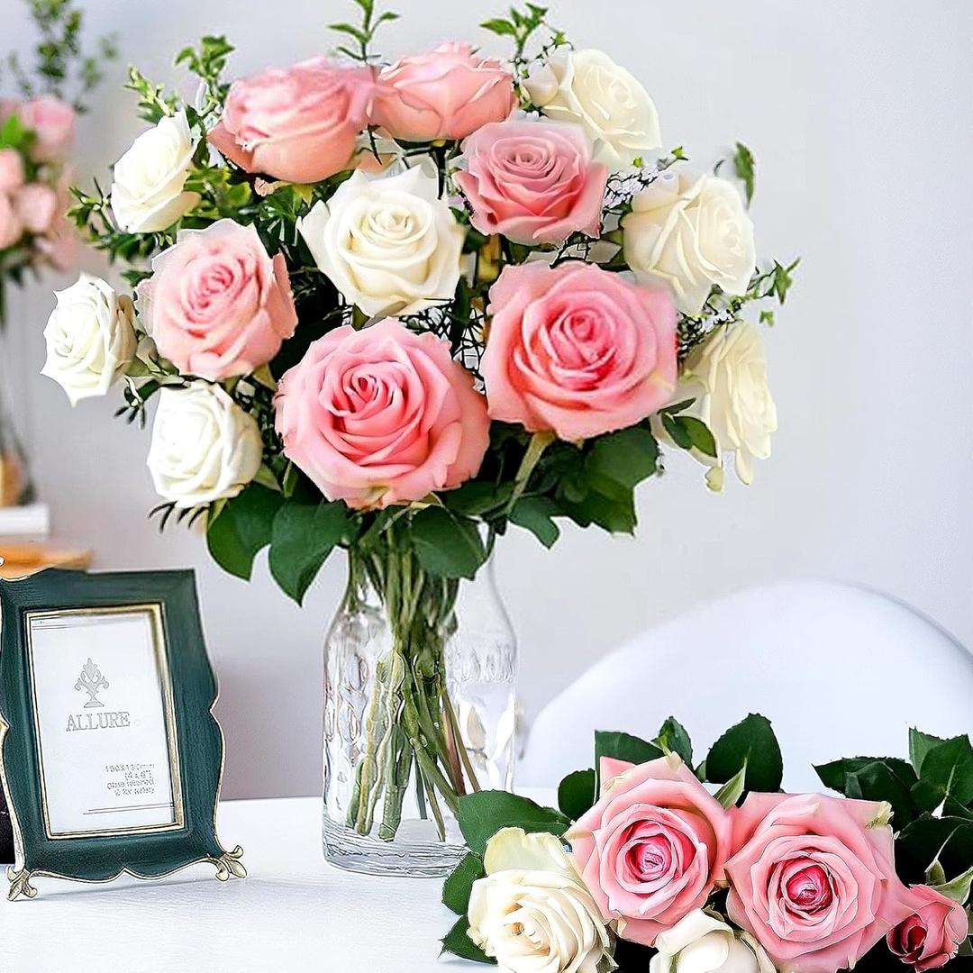 20PCS Artificial Roses with Long Stems - Realistic Silk Flowers, Fake Roses Bouquet of Roses for Valentine's Day, Home Decor, Bridal Wedding Party, Bulk Faux Rose Flowers (White Pink)