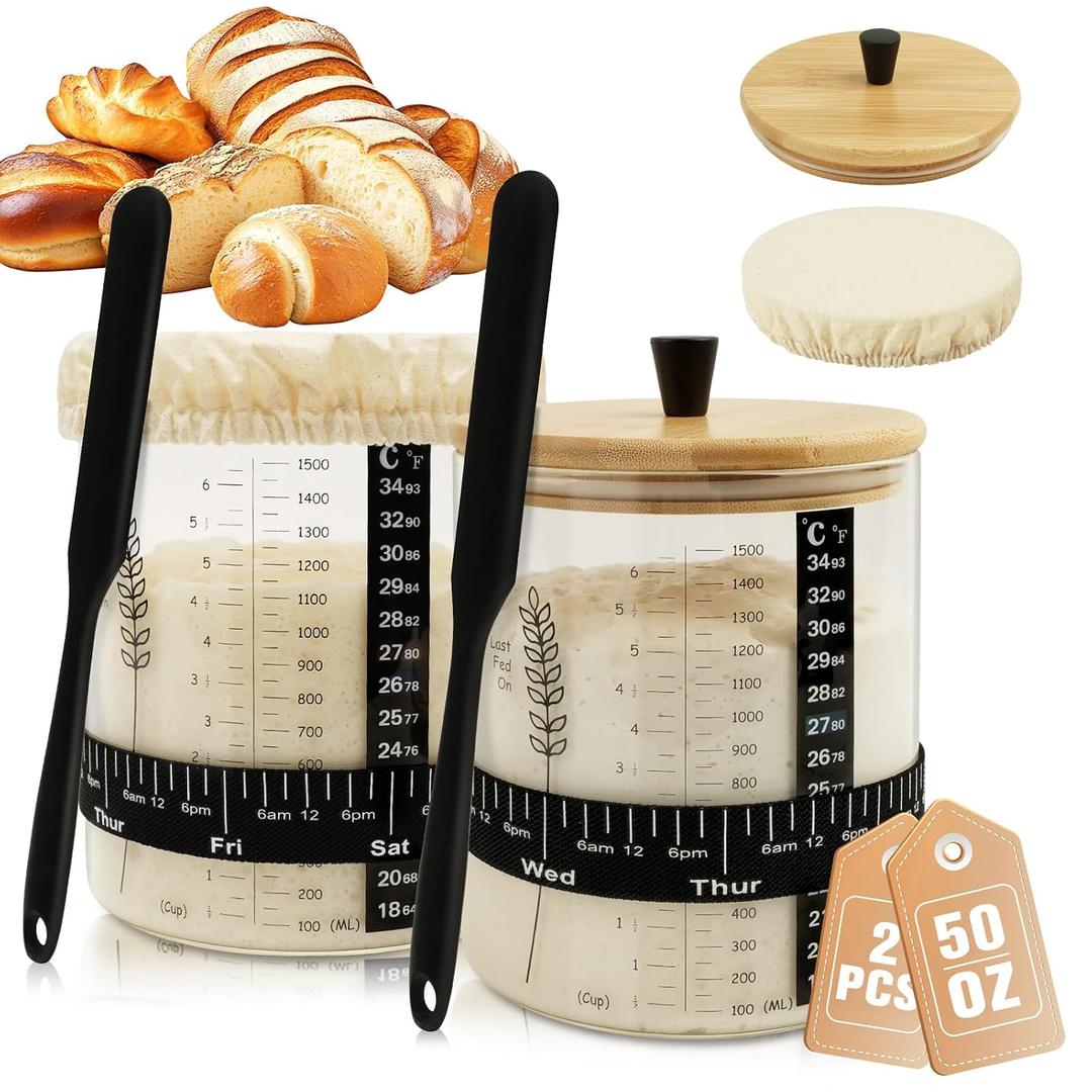 50oz Sourdough Starter Jar, Wide Mouth Sourdough Jar, Large Capacity Sourdough Starter Kit with Lid, Band, Date Tracker, Temp, Sourdough Bread Starter Kit for Perfect Sour Dough(2 Pack)