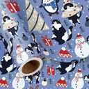 LeZakaa Christmas Wrapping Paper Roll for Kids, Cute Cat Penguin Snowman Blue Xmas Playful Design for Pet Lovers, Holiday Presents Party Decor, Mini Roll 17 in x 16.4 Feet