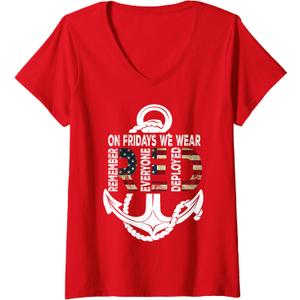 Womens On Fridays We Wear Red Remember Everyone Deployed Navy V-Neck T-Shirt, L