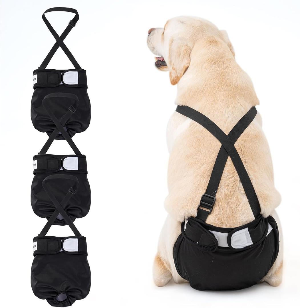 3 Pack Avont Washable Female Dog Diaper with Suspender, Reusable Girl Doggie Diapers for Small Medium Large Doggy in Heat Cycle Period Incontinence -XL (Black)