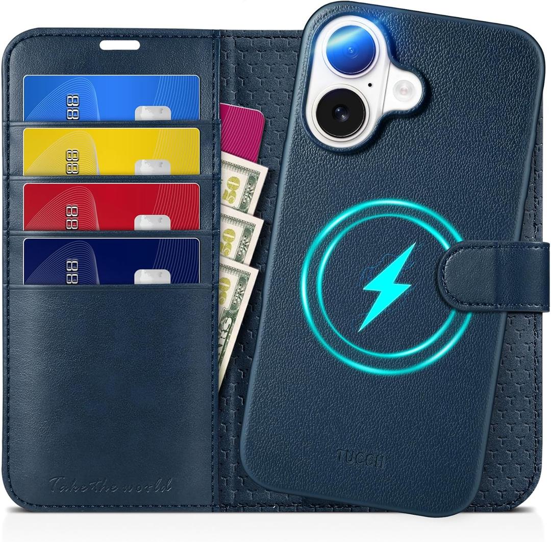 TUCCH Wallet Case for iPhone 16, [Detachable] [RFID Blocking] [4 Card Slots] Wireless Charging Protective Case, Magnetic PU Leather Stand Removable Folio Compatible with iPhone 16, Full Dark Blue
