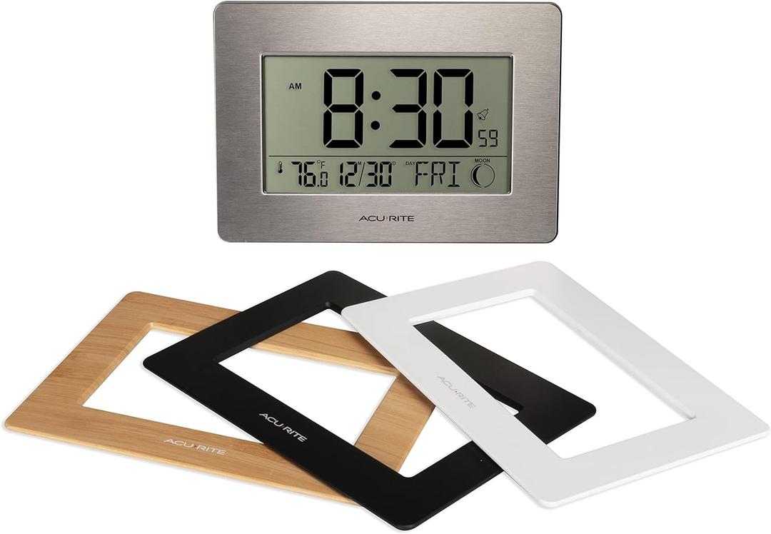 AcuRite Wireless Digital Wall/Tabletop Clock with 4 Interchangeable Plastic Frames - Stainless Steel, Bamboo, Matte Black, and Matte White  with Date, Indoor Temperature, and Moon Phase (75439)