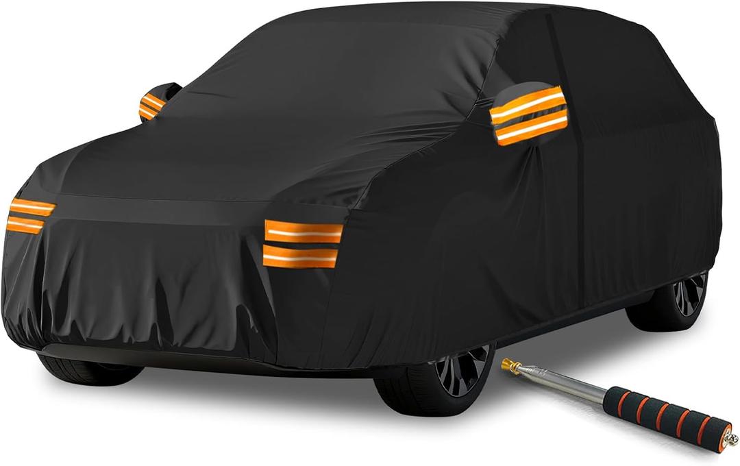 SUV Car Cover Waterproof All Weather, Car Covers for Automobiles with 420D Oxford Waterproof 6000Pa Zipper Telescopic Rod Full Cover Universal Fit SUV Up to 193'
