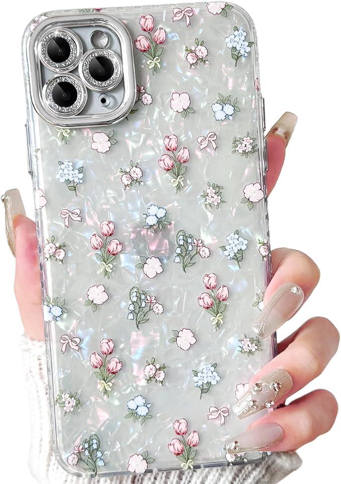 NITITOP Compatible with iPhone 11 Case Cute Flower Floral Shell Textures for Girls Women Soft TPU Slim Hard Back with Lens Protective Phone Cover - Tulip Pack of 3