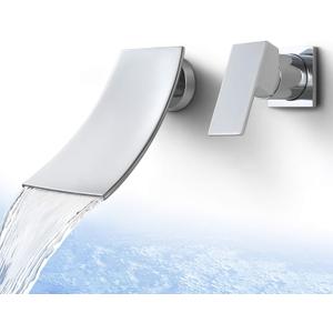 SKOWLL Waterfall Bathroom Faucet, Polished Chrome Wall Mount Vanity Sink Faucet, Single Handle Waterfall Bathroon Faucet with Independent Switch