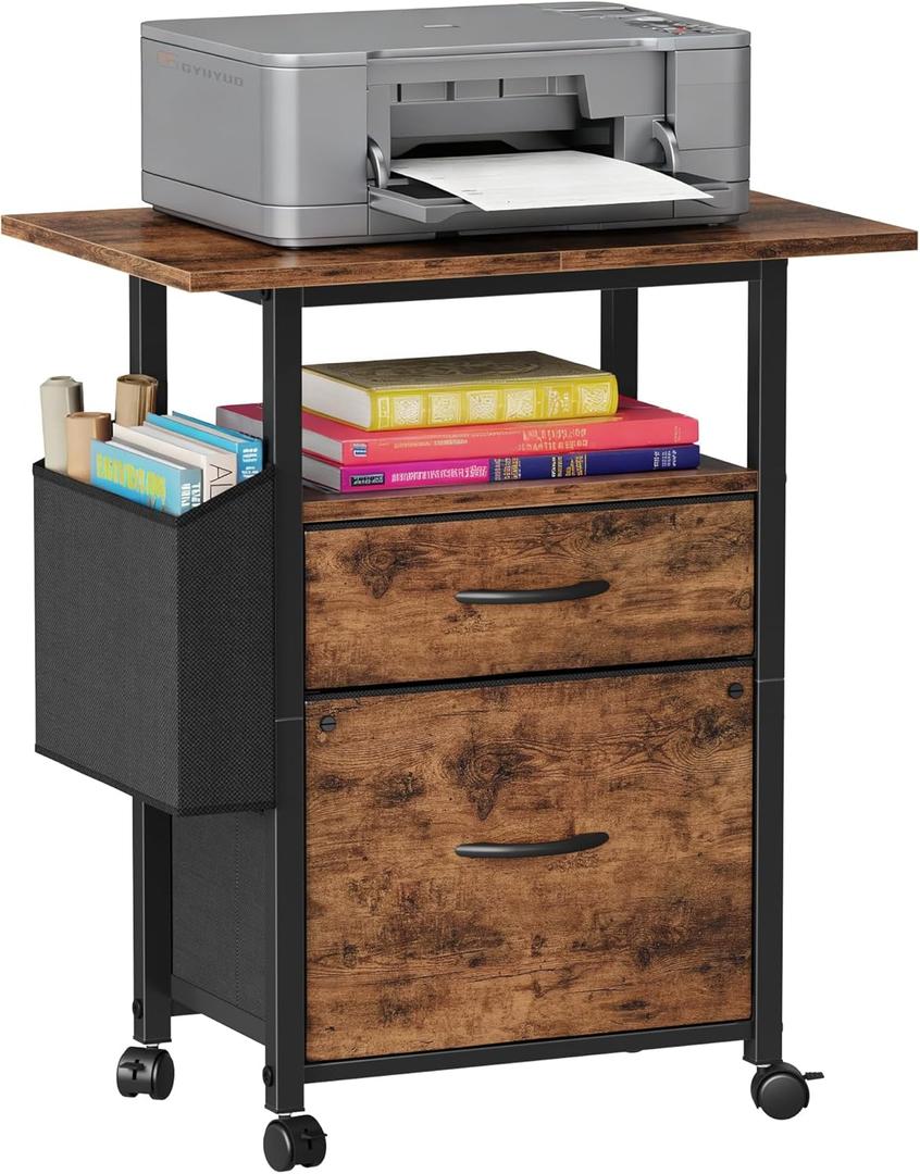 GYIIYUO 2 Drawer File Cabinet with 24'' Extended Desktop, Mobile Filing Cabinet, Rolling File Cabinet with Side Bag, Fabric Drawer, Fits A4/Letter Size, Printer Stand Home Office, Light Brown
