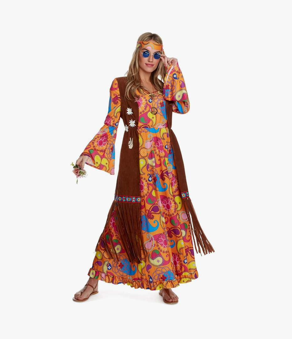 Morph 70s Outfits For Women, Hippie Clothes For Women, 70s Long Dress, Womens 60s Halloween Costumes M