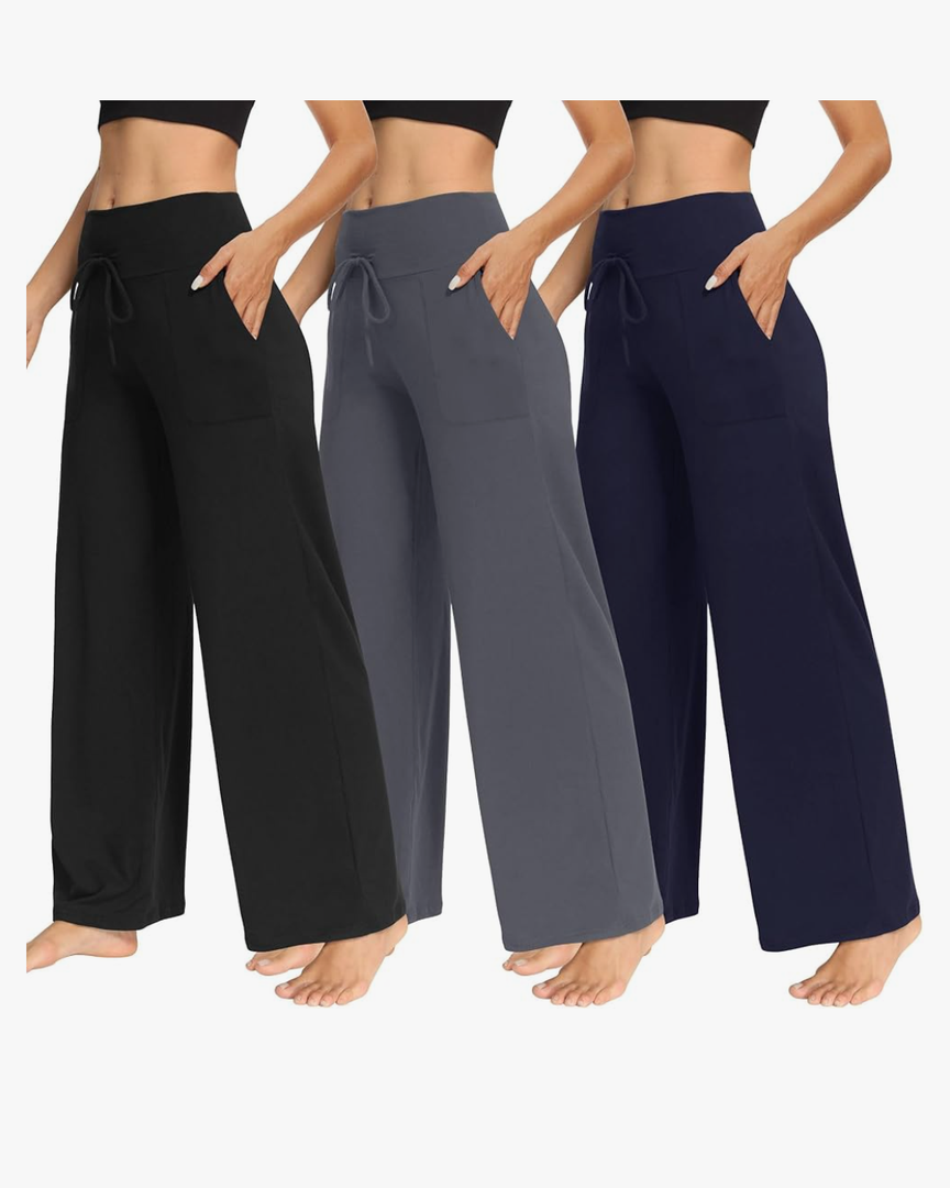 TNNZEET 2 Pack Women's Wide Leg Pants with Pockets - Casual Loose Yoga Trouser Pants Sweatpants Palazzo Lounge Pajama Pants grey and blue size large
