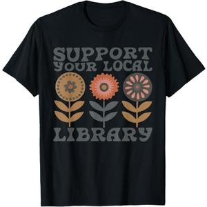 Groovy Support Your Local Library Book Reader Lover Bookworm T-Shirt (Size Small, Black)