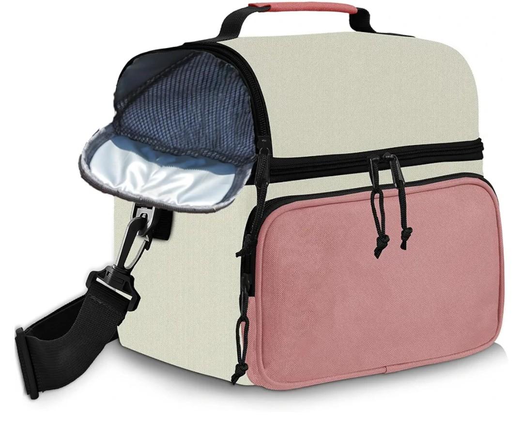 Insulated Lunch Box Dual Compartment Lunch Bag Leakproof Cooler for Men Women with Adjustable Strap,for Work, Picnic, Beach, Camping, Travel (Pink Beige,12L)