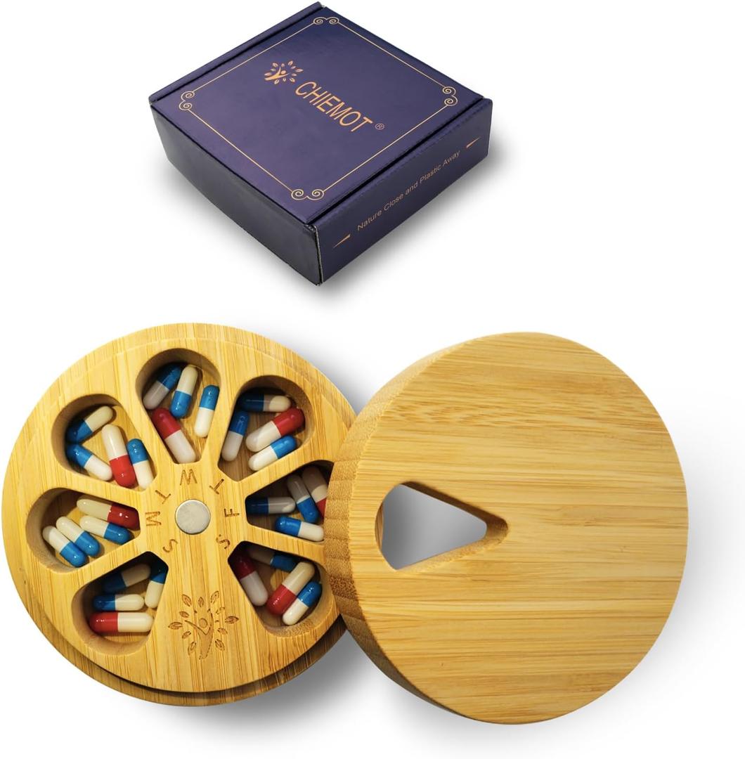 Bamboo Wood Weekly Pill Organizer for Medicine Vitamin Supplement, Arthritis Friendly 7-Day Pill Box Medium Container Holder, Daily Portable Travel Pill Case Keeper Dispenser