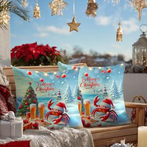 HOMETITUTE Pack of 2 Christmas Throw Pillow Covers 18x18 Inch Soft Decorative Crab Cushion Covers Holiday Beach Party Winter Christmas Pillow Cases Coastal Decor for Sofa Couch Bed Living Room