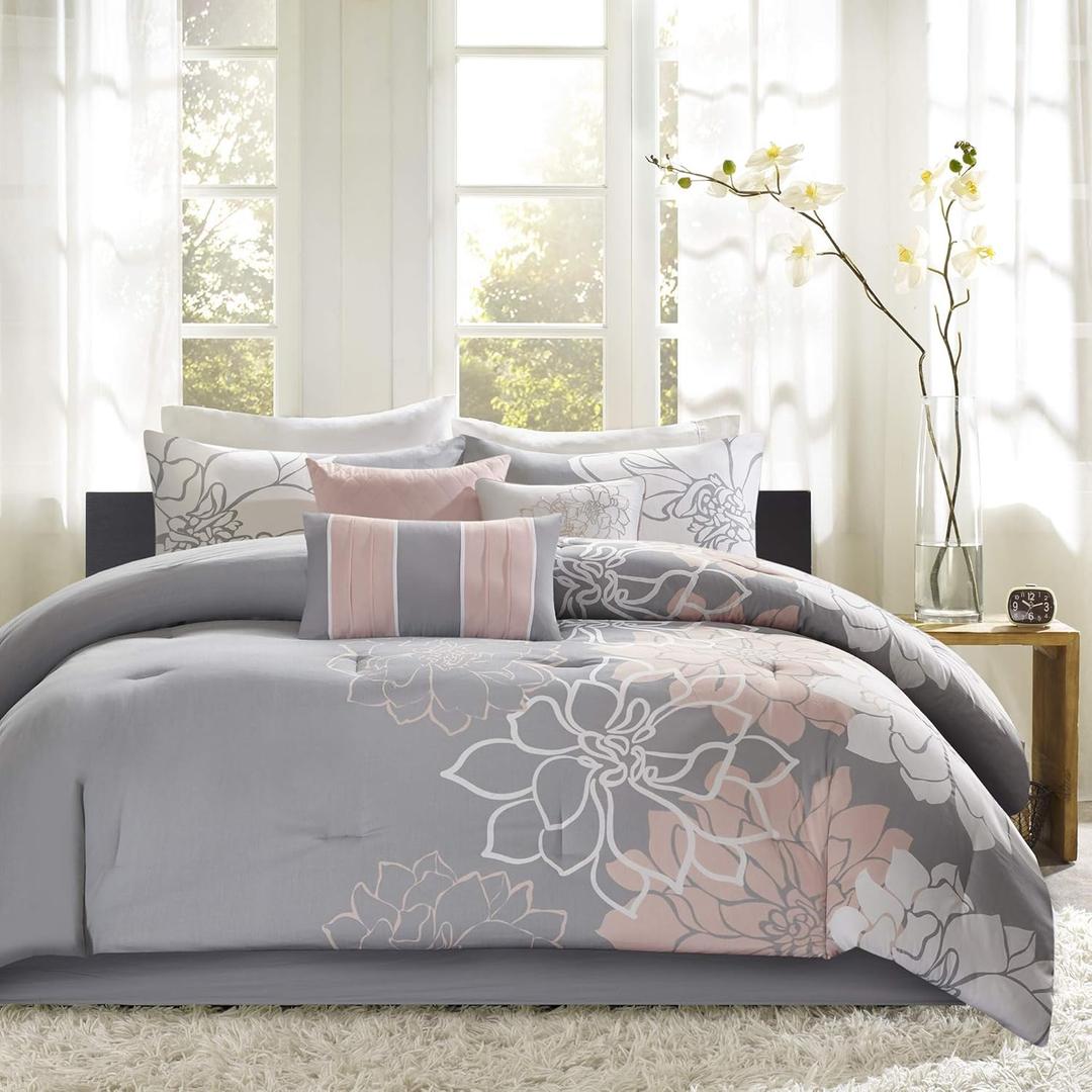 Madison Park Sateen Cotton Comforter Set, Breathable, Soft Cover, Modern Print, All Season Down Alternative Cozy Bedding with Matching Shams, Floral Taupe Grey/Peach, King 7 Piece