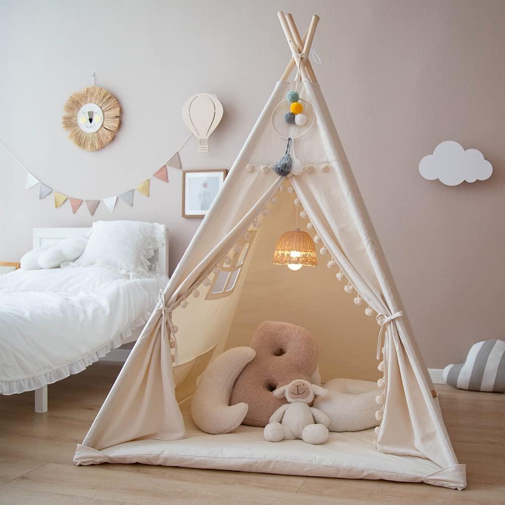 Triclicks Kids Teepee Play Tent Indian Children Wigwam Tipi Play House - 100% Cotton Canvas Portable Princess Girls Tent for Indoor and Outdoor