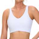 THE GYM PEOPLE Women's Padded Sports Bra V-Neck Wireless Stretchy Workout Crop Tops with Cross Hem Soft Yoga Bras (Large, White)