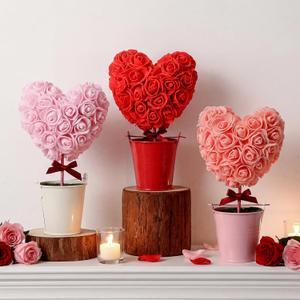 Pinkunn 3 Pcs Valentine's Day Decorations Heart Shaped Topiary with Pot Mini Artificial Potted Plant Heart Ornaments Desktop Centerpiece Tiered Tray Decor for Women Wife Home Party Tabletop Gift, Heart Shaped