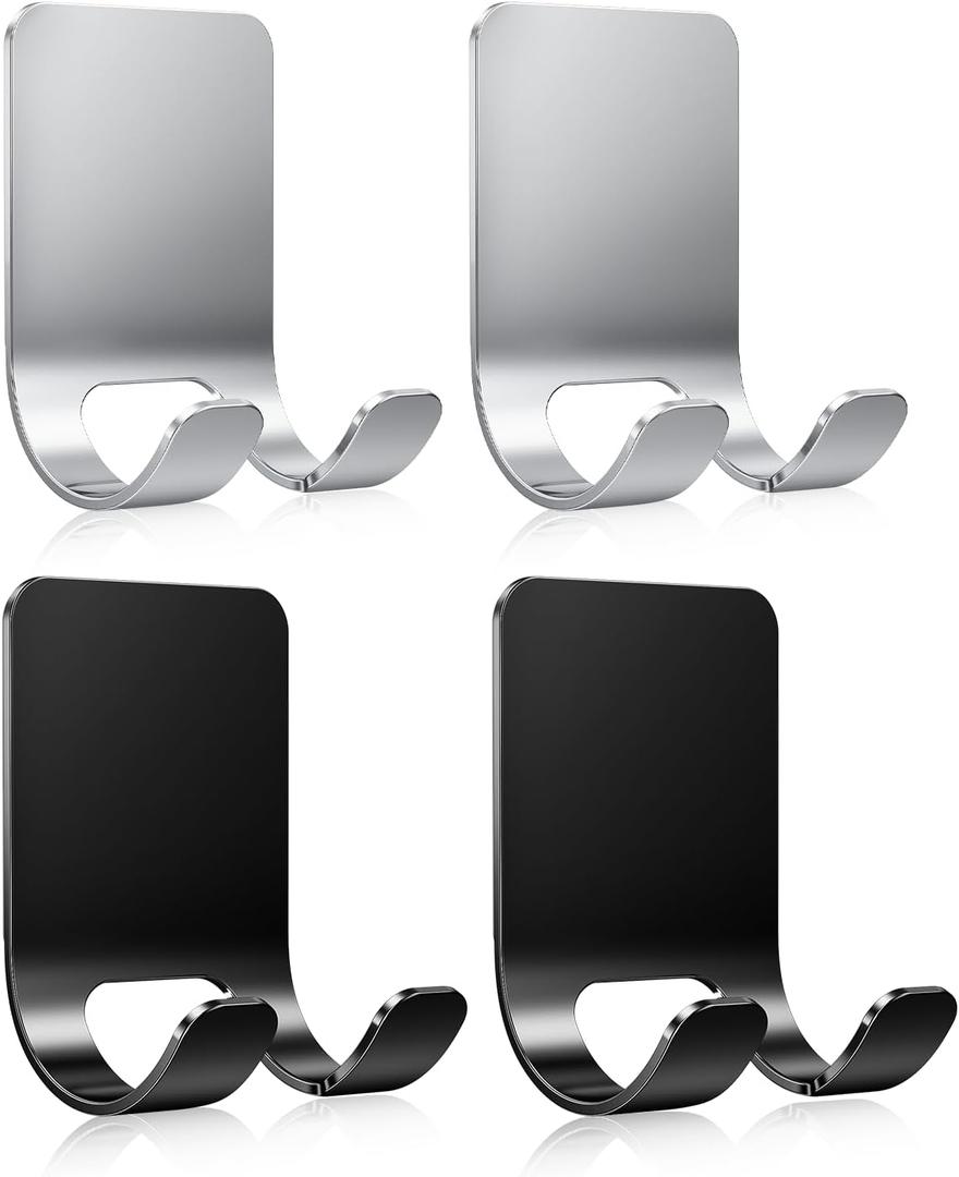 4Pcs Razor Holder, Shaver Hook Hanger, Multipurpose Self Adhesive Double Hooks, Silver Black Stainless Steel Shower Hooks, For Bathroom and Kitchen Storage, Includes Loofah, Towel, Plug, Clothes