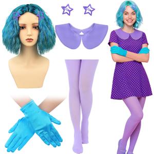 JenPen 6 Pcs Halloween Women Costume Accessories Include Blue Green Wig Gloves Purple Fake Collar Stockings with Hairpins for Cartoon Movie Girls Cosplay Emotion Party