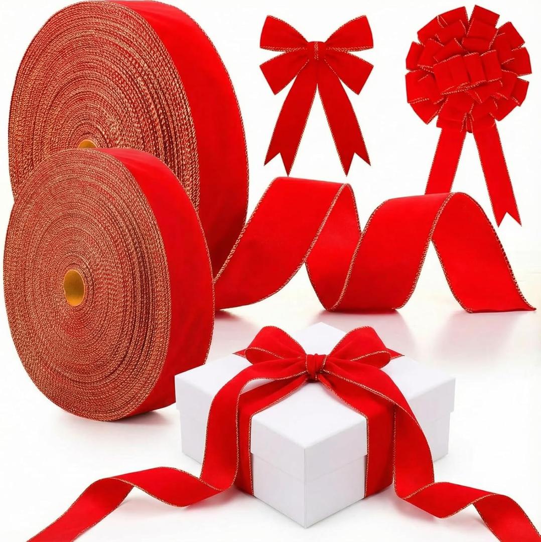 Lyrow 2 Roll Red Velvet Wired Ribbon, 2.5 Inch x 200 Yards, Gift Wrapping Ribbon for New Year, Wedding, Florist Bouquets, DIY Bows & Craft Decorations(Red, Gold)