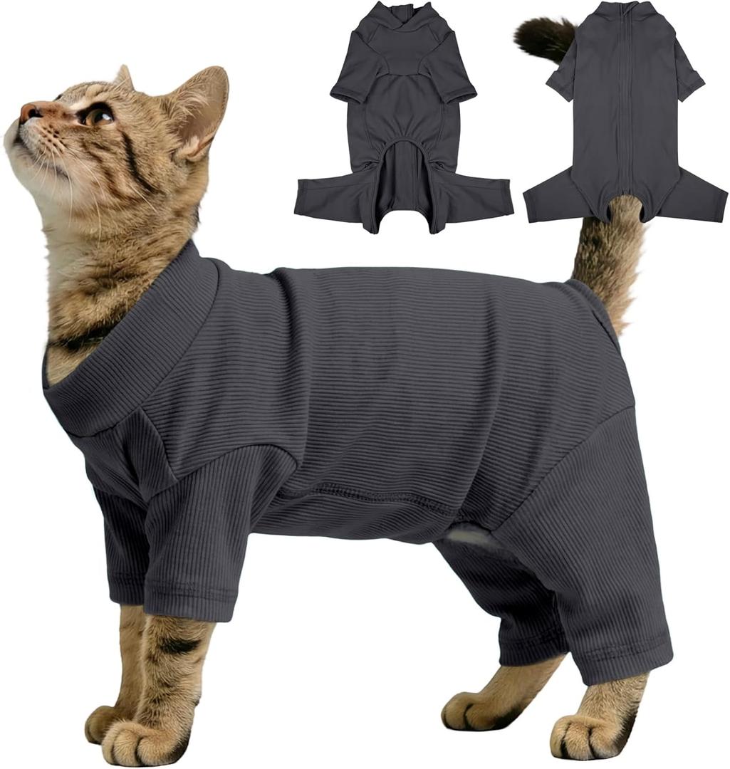 Sticky Hair Cat Clothes, Breathable & Lightweight, Reduces Shedding Fur Pajamas, Full Body Long Sleeve Surgical Bodysuit, Stop Licking & Shedding Darkgrey L