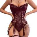 Lilosy Sexy Lace Up Floral Garter Underwire Teddy Bodysuit Lingerie Belt Women Top One Piece (Large, Wine Red)