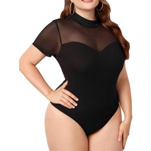 Milumia Women's Plus Size Cut Out Sheer Mesh Bodysuit Short Sleeve Mock Neck Fitted Going Out Top, 3XL