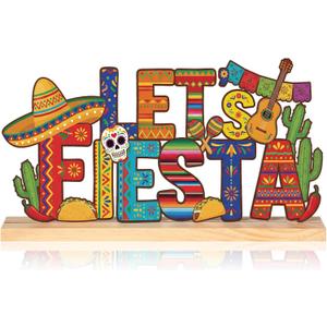 Roowest Let's Fiesta Tabletop Sign Colorful Cinco De Mayo Table Decor Metal Mexican Table Centerpiece Festival Tiered Tray Decoration with Wooden Base for Shelf Mantel Home Office Holiday Party Gift