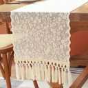 Beige Lace Table Runner Flower Boho Table Runner Farmhouse Vintage Rustic Cloth Table Runners for Xmas Fall Home Dinning Table Decorations (14x95 inch,Tassel Included)