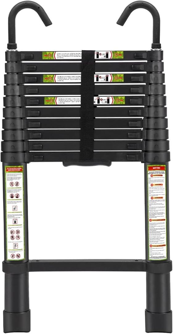 RIKADE Telescopic Ladder, 10.5 ft Aluminum Telescoping Ladder with Non-Slip Feet and Stable Hook, Portable Extension Ladder for Household and Outdoor Working, Max Load 330 lb, Black
