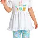 LATOBREATH Baby Girls Toddler Happy Easter Bunny Outfit Short Sleeves Set, 5-6Y