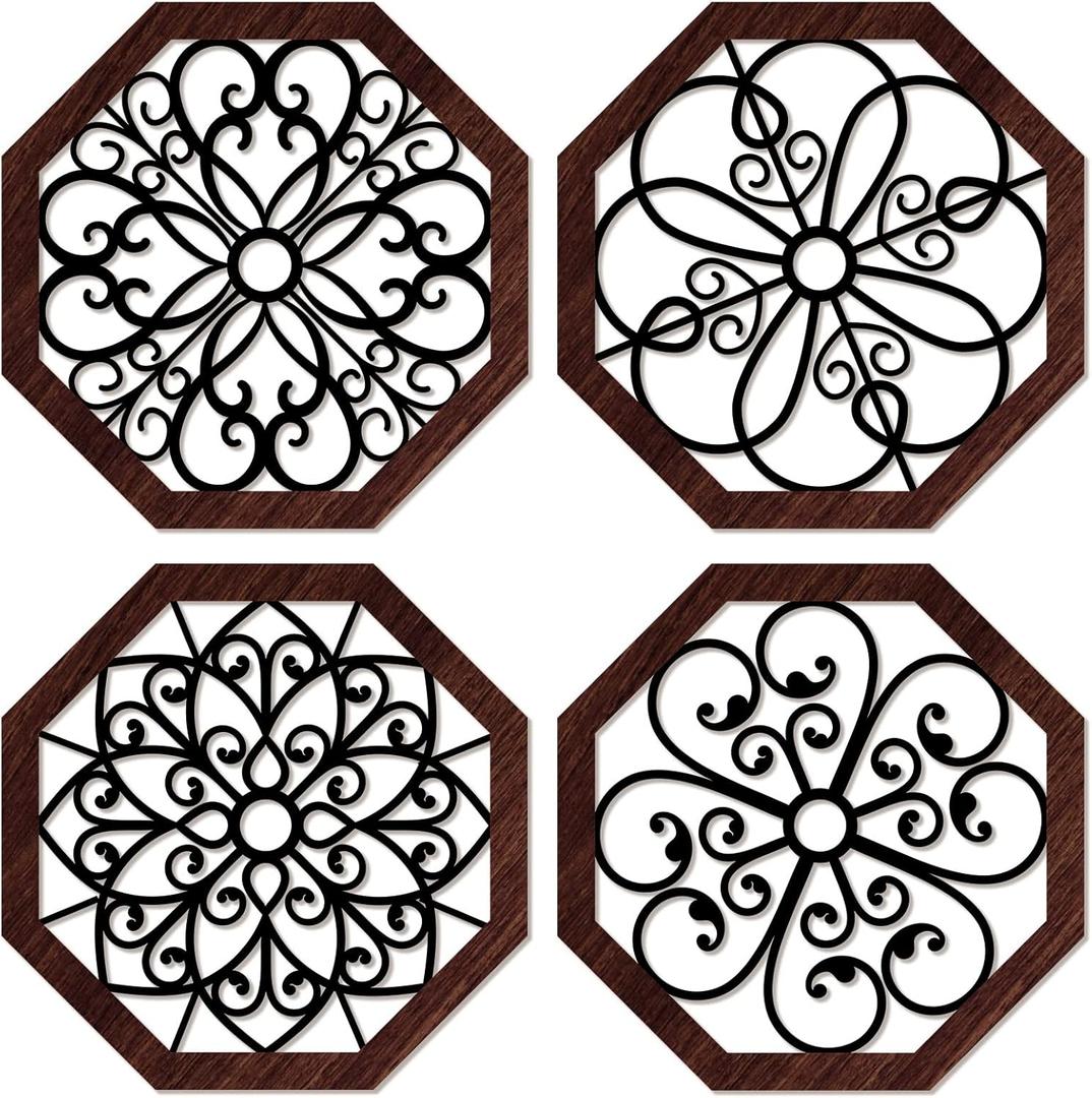 4 Pieces Thicken Rustic Wood Wall Decor Modern Farmhouse Wall Art Decor Wooden Hollow Carved Design Rustic Art for Living Room Bedroom Office Kitchen (Classic Style) (9.8 x 9.8 Inch, Dark Brown)