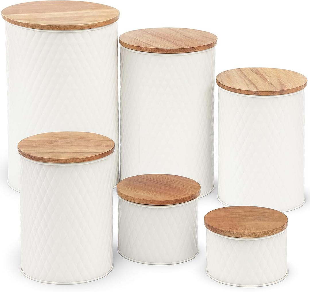Alasitas 6 Canister Set for the Kitchen Countertop  Metal Food Storage Canisters with Airtight Lids for Flour, Tea, Crafts, Coffee, & Sugar  Container Set with Modern Wood Lids, White