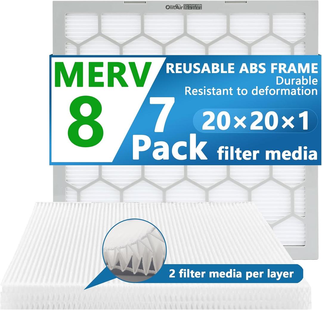20x20x1 MERV 8 Air Filter,AC Furnace Air Filter, Reusable ABS Plastic Frame, 7 Pack Replaceable Filter Media (Actual Size: 19.61" x 19.61" x 0.78")