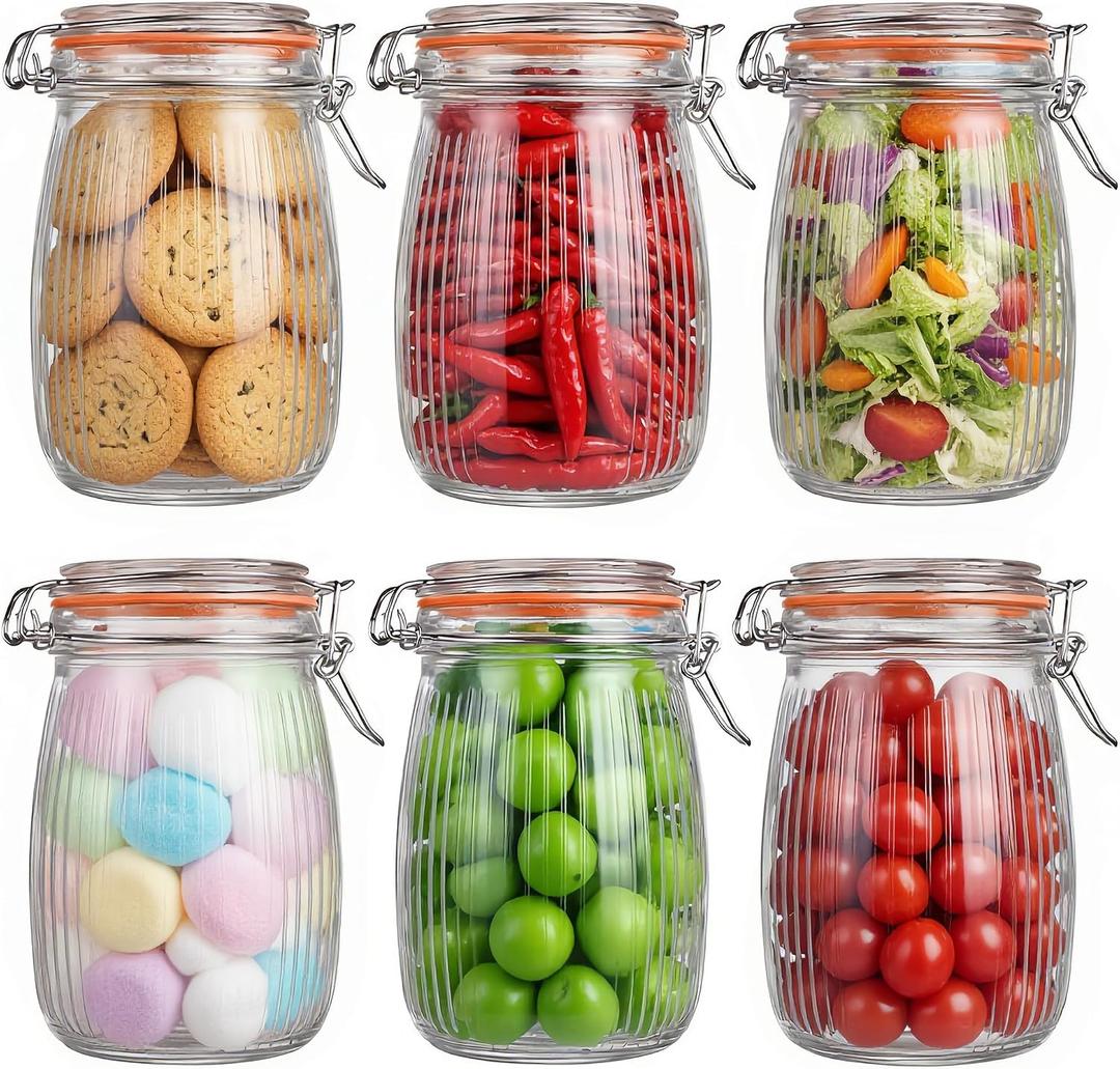 6Pcs 32oz Airtight Glass Jar, Wide Mouth Mason Jars with Clamp Lids, Stripe | Food Storage Containers for Home, Kitchen, Camping, Picnic