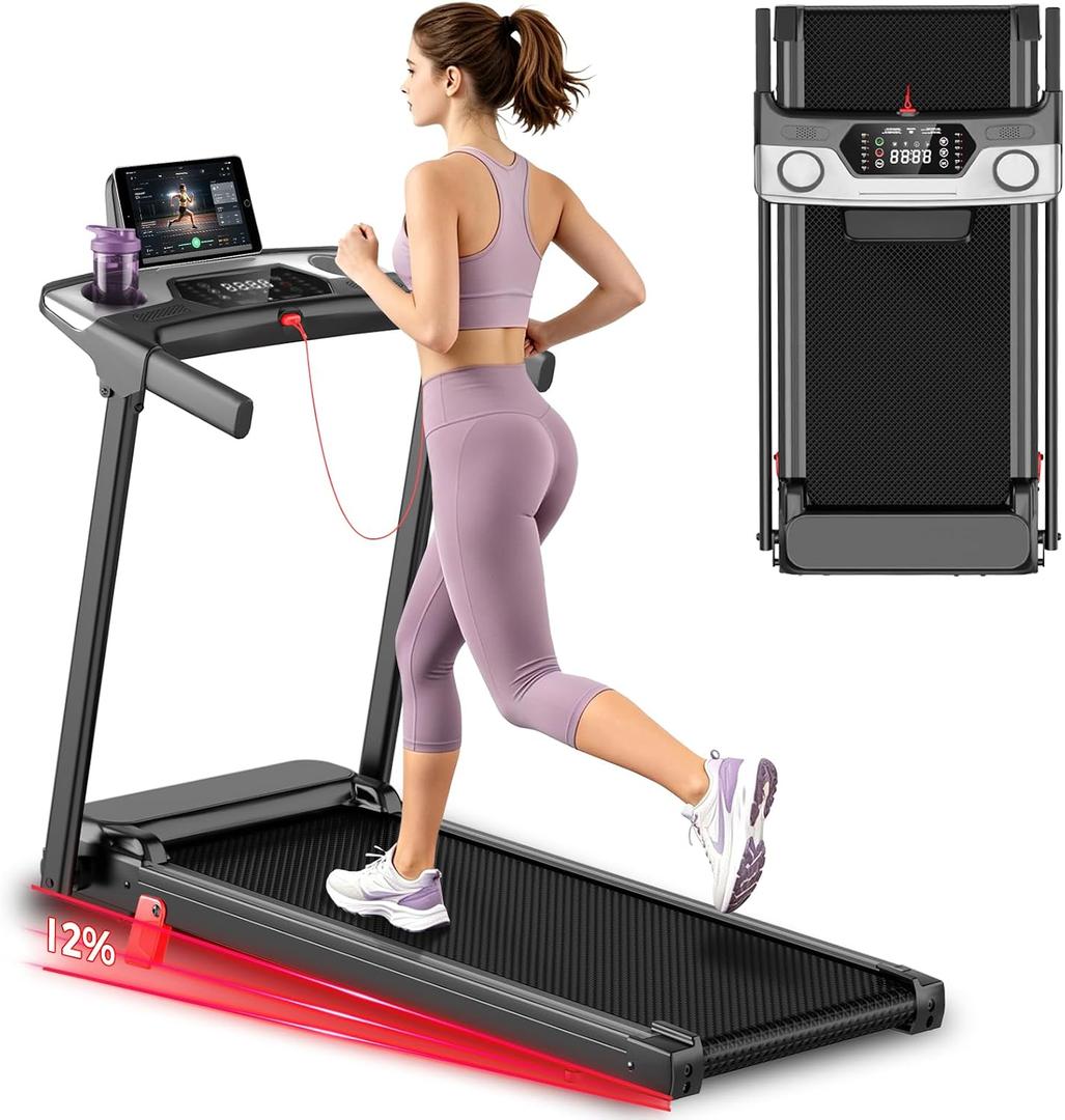 Treadmill with Incline Foldable Treadmills for Home，12% Incline Walking Pad Treadmill with Handle Bar and LED Display，3-in-1 Portable Treadmills, 3.0HP Quiet Brushless