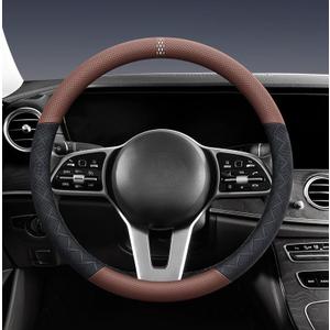 Ultra-Thin Napa Leather Steering Wheel Cover with 3D Anti-Slip Diamond Grip, Breathable Non-Bulky Design, Universal Fit 15 Inch for Cars & SUVs