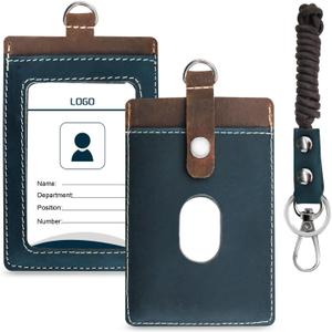 Badge Holder: Boshiho Cowhide Leather ID Badge Card Holder with 19" Neck Lanyard, Vertical Style (Brown-Blue)