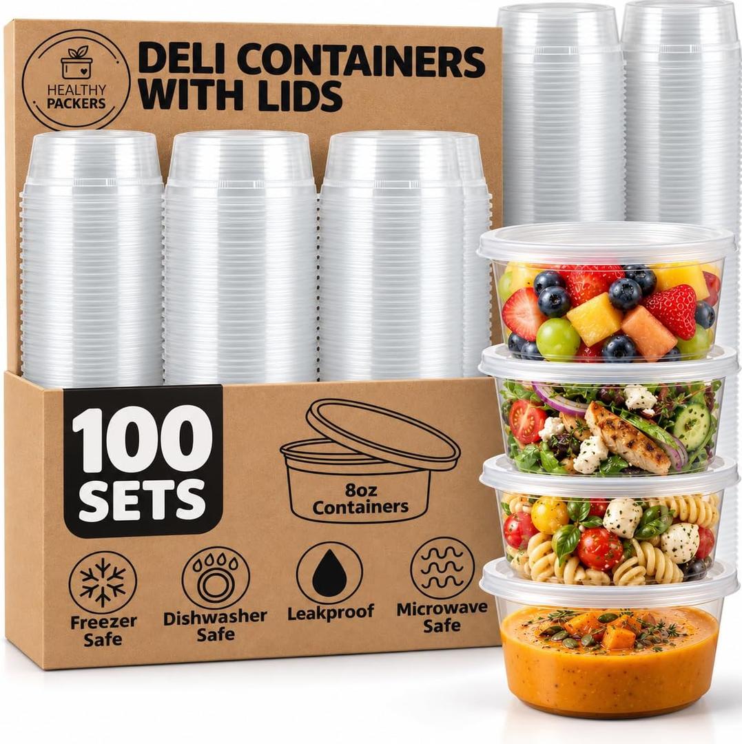 Healthy Packers 8oz Deli Containers with Lids, Food Storage, 100pk BPA-Free