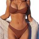 ZAFUL Women's Ribbed Underwire Bikini Set High Cut Colorblock V Notch Swimwear Printed High Leg Swimsuit