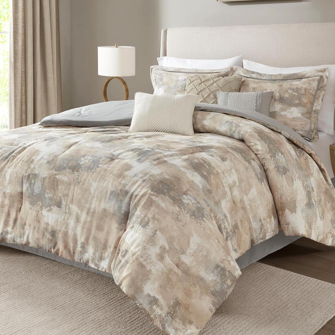 Madison Park King Comforter Set, Abstract Print with Luxurious Texture, Fluffy King Bedding Sets, All Season Down Alternative Cotton Blend King Bed Set with Bedskirt & Dcor Pillows, Gray 7 Piece